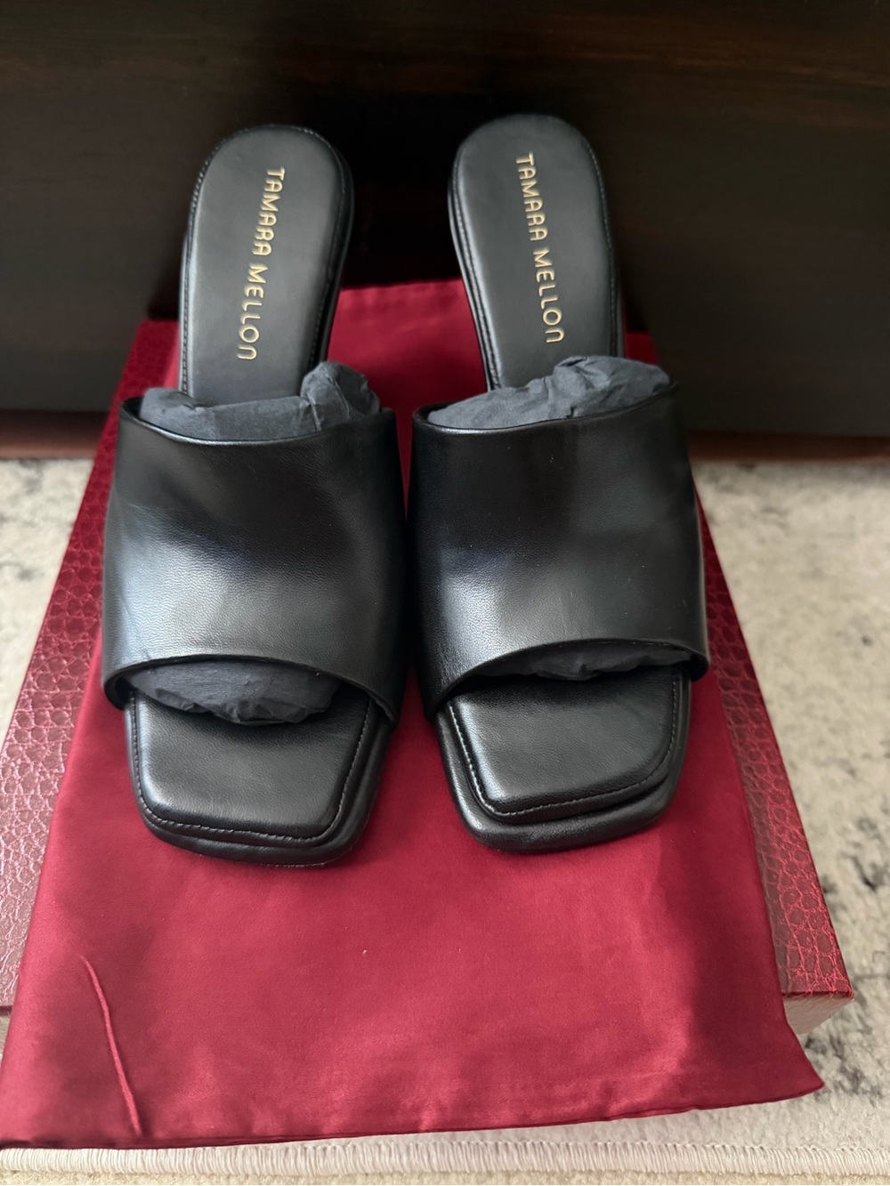 Tamara Mellon Black Miami Slide 90 Leather Sandal